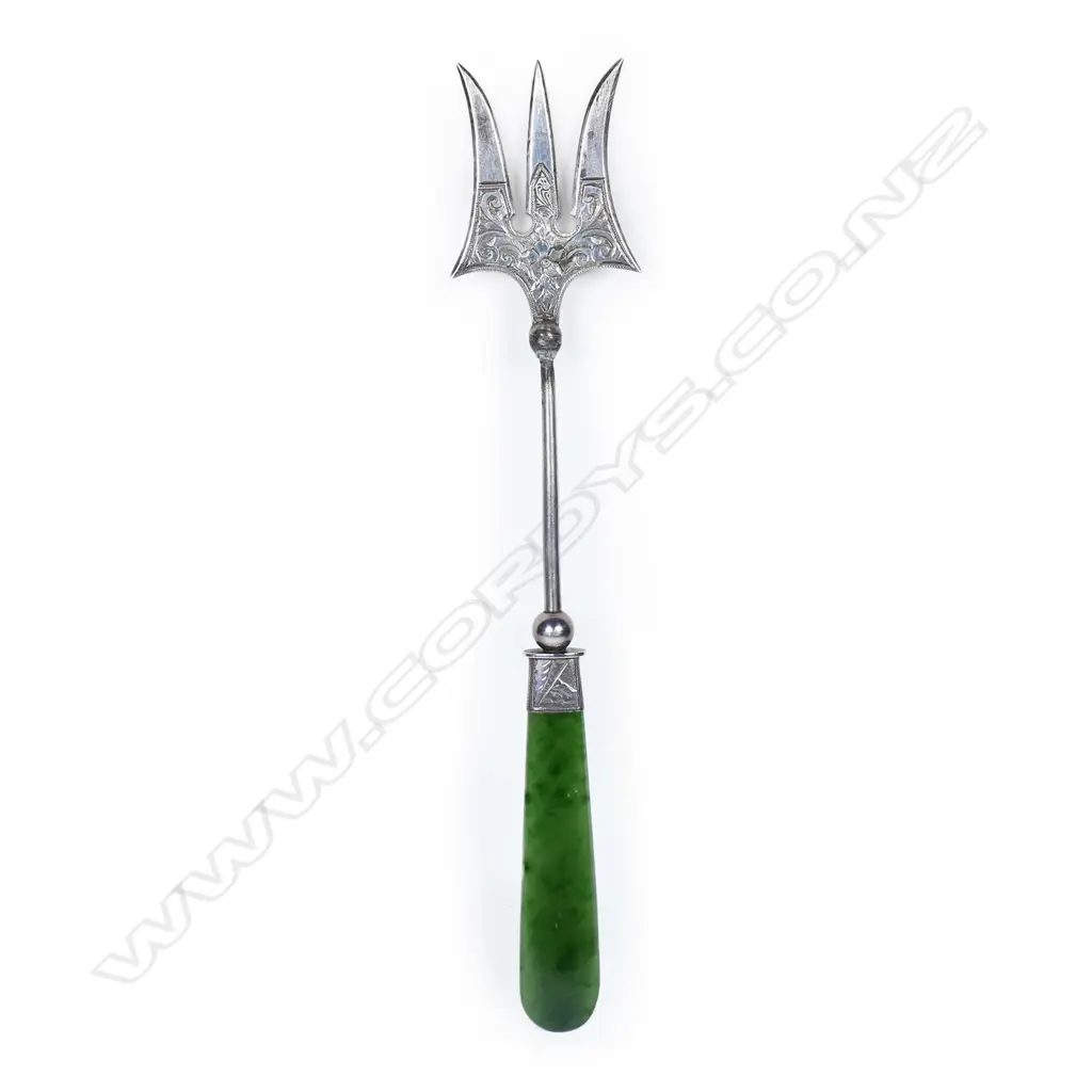 Edward Souness (Dunedin) silver and nephrite bread fork, Image 1++
